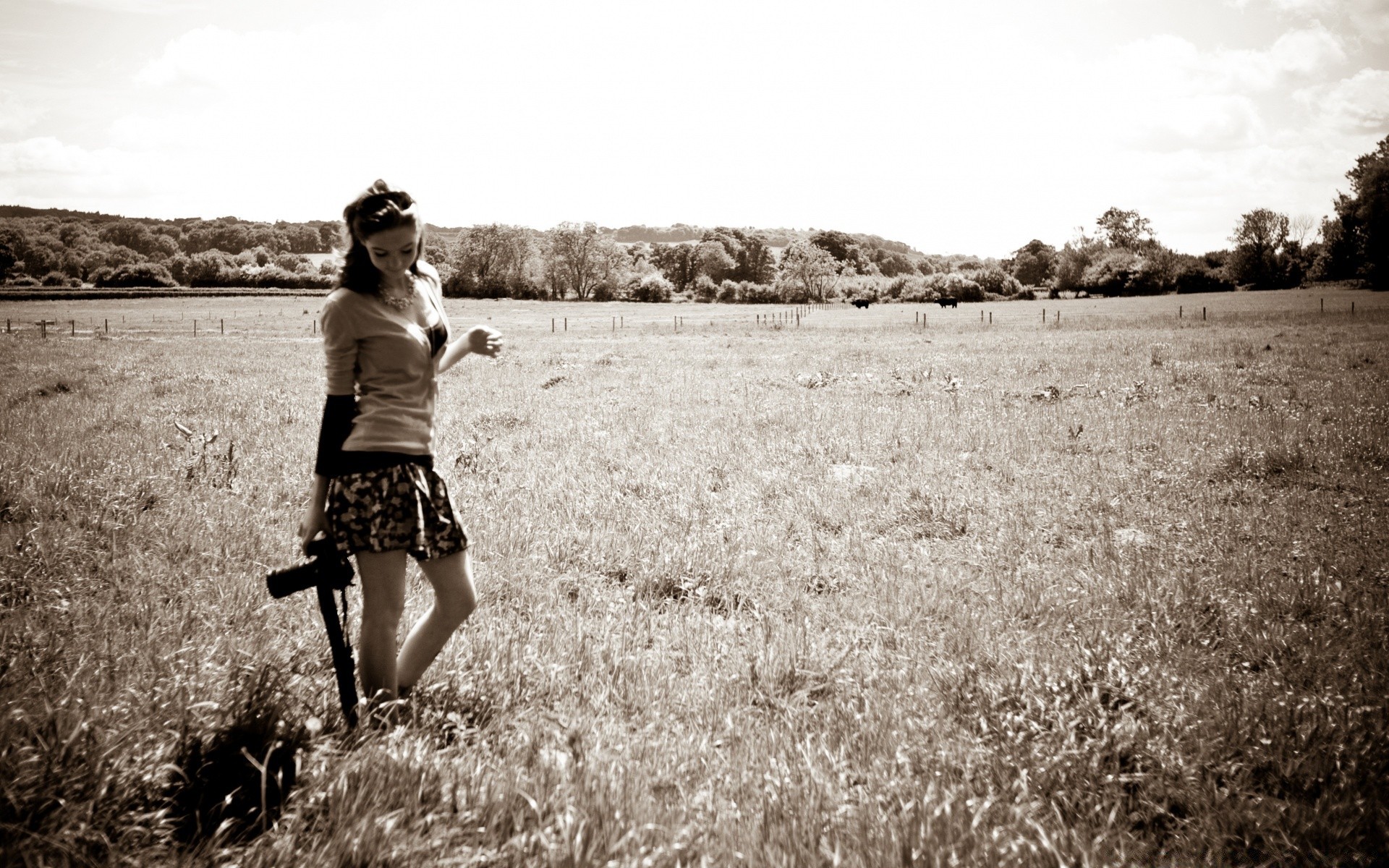 jahrgang monochrom ein mädchen erwachsener landschaft gras