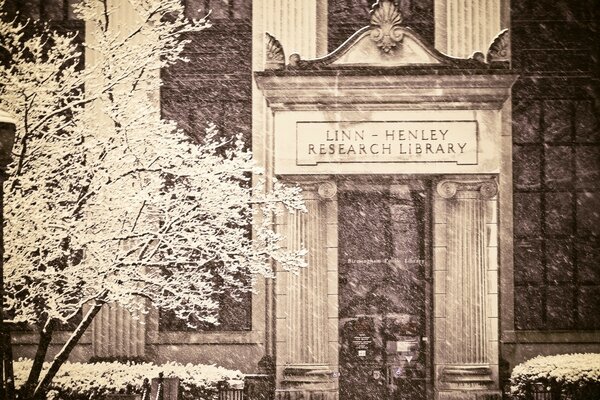 An old photo of the library with a flowering tree and a lantern