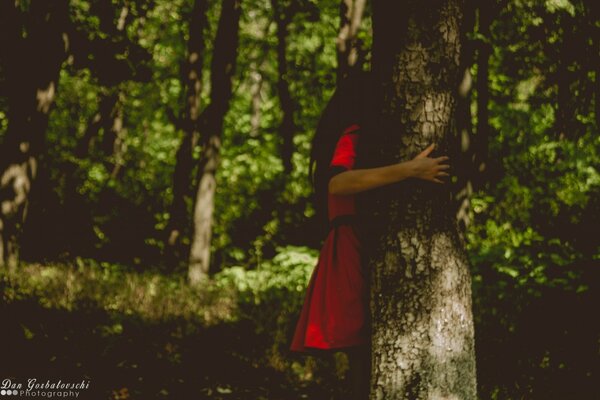 Ragazze in rosso nascosto dietro un albero