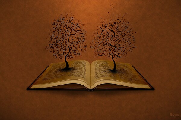 Árvores do livro sobre um fundo dourado