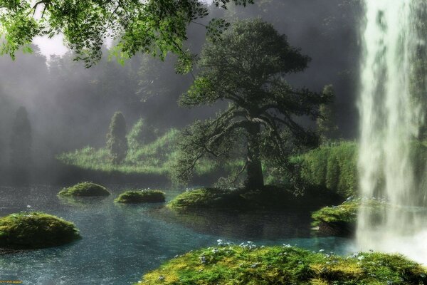 Grüne Landschaft mit Baum und Wasserfall