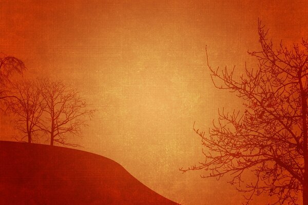 Paysage. Vintage. Arbres. Fond orange