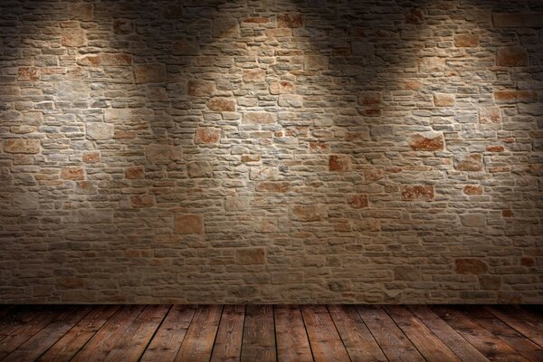 Concrete wall on the background of an old wooden floor