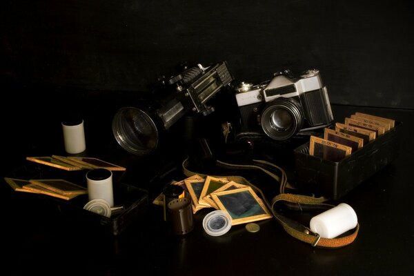 Vintage technological items in a dark room