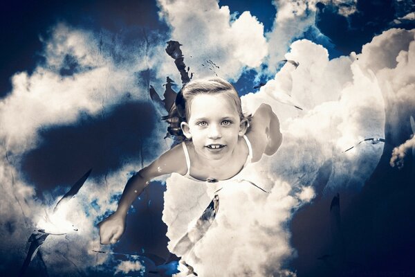 A child is flying in the sky with clouds