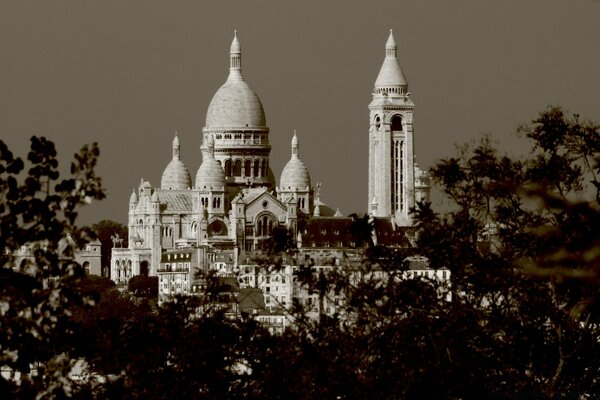 Black and white image of the attraction from behind the crowns of trees