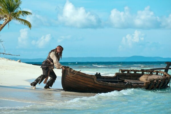 Capitaine Jack Sparrow traîne un bateau