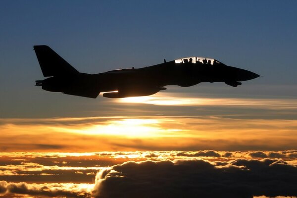 Silhouette of a flying plane against the background of sunset