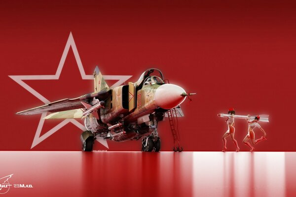 Военный самолёт на красном фоне со звездой