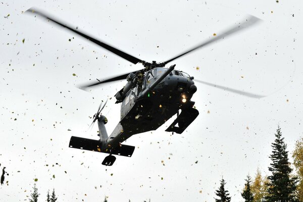 The helicopter takes off and leaves fly from the wind