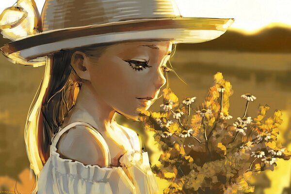 A girl in a straw hat with a bouquet of wild flowers