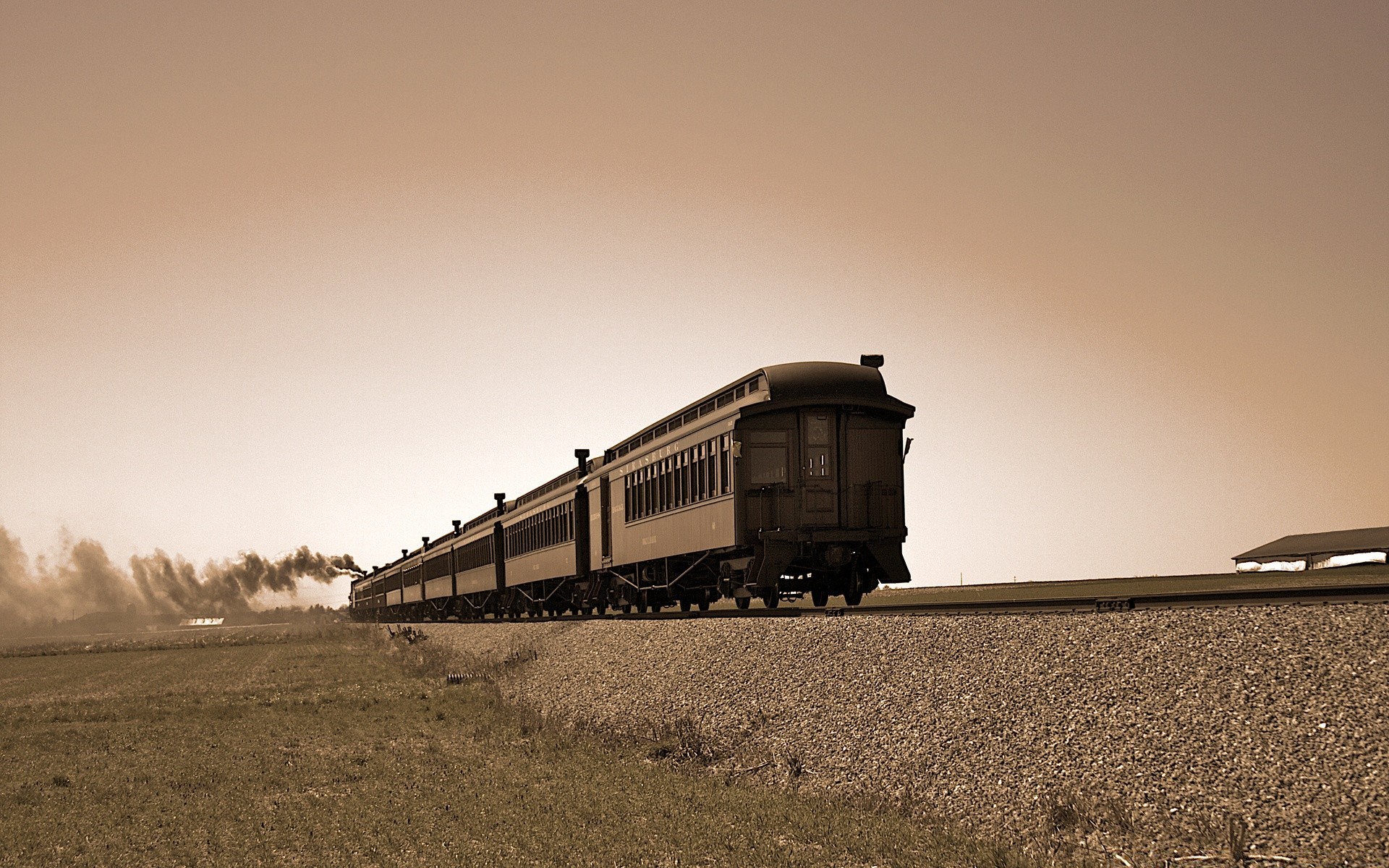 vintage sunset train railway travel dawn light transportation system track fog sky landscape monochrome sun