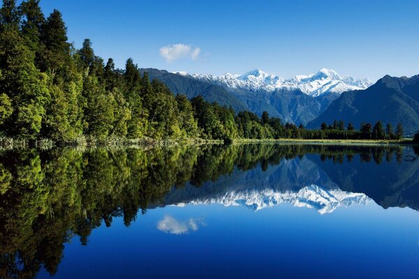 Reflexão pura das montanhas e árvores no lago