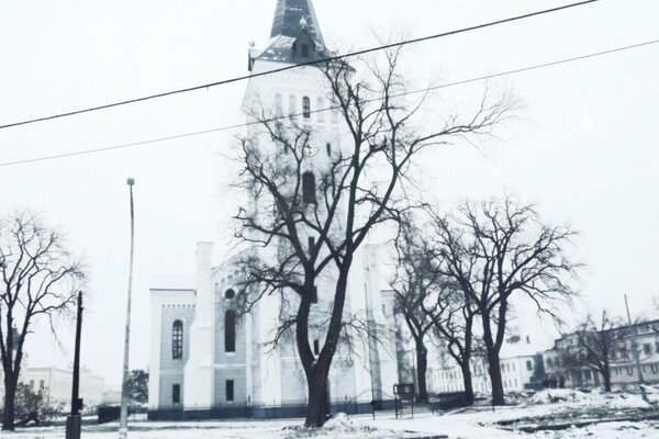 Old building outdoors in winter