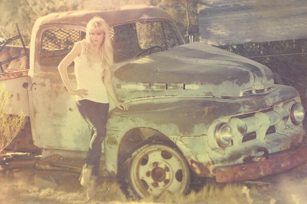 Vintage photo. Girl and SUV