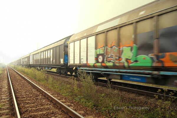 Schöne Eisenbahnwaggons mit Graffiti beschriftet