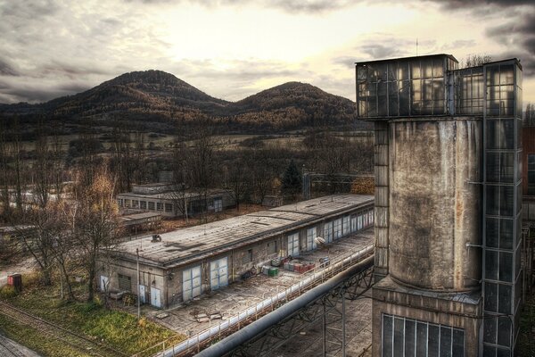 Abandoned buildings in cloudy weather