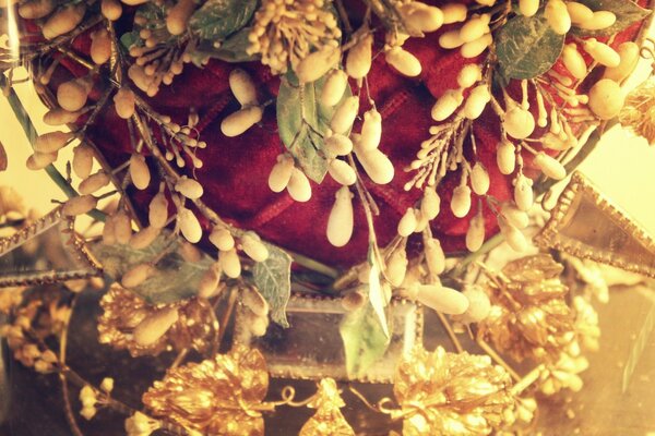 Vintage wooden ornaments in golden tones