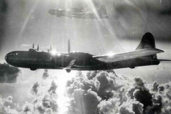 Vintage airplane on clouds