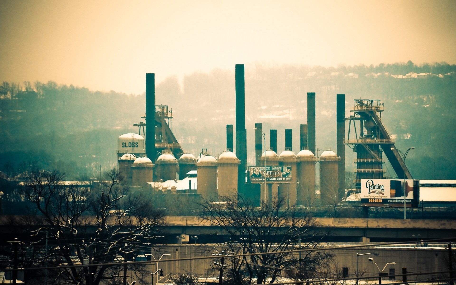 vintage contaminación humo amoladora industria smog vapor energía energía gas natural petróleo combustible medio ambiente carbón refinería tecnología tubería fabricación gasolina químico