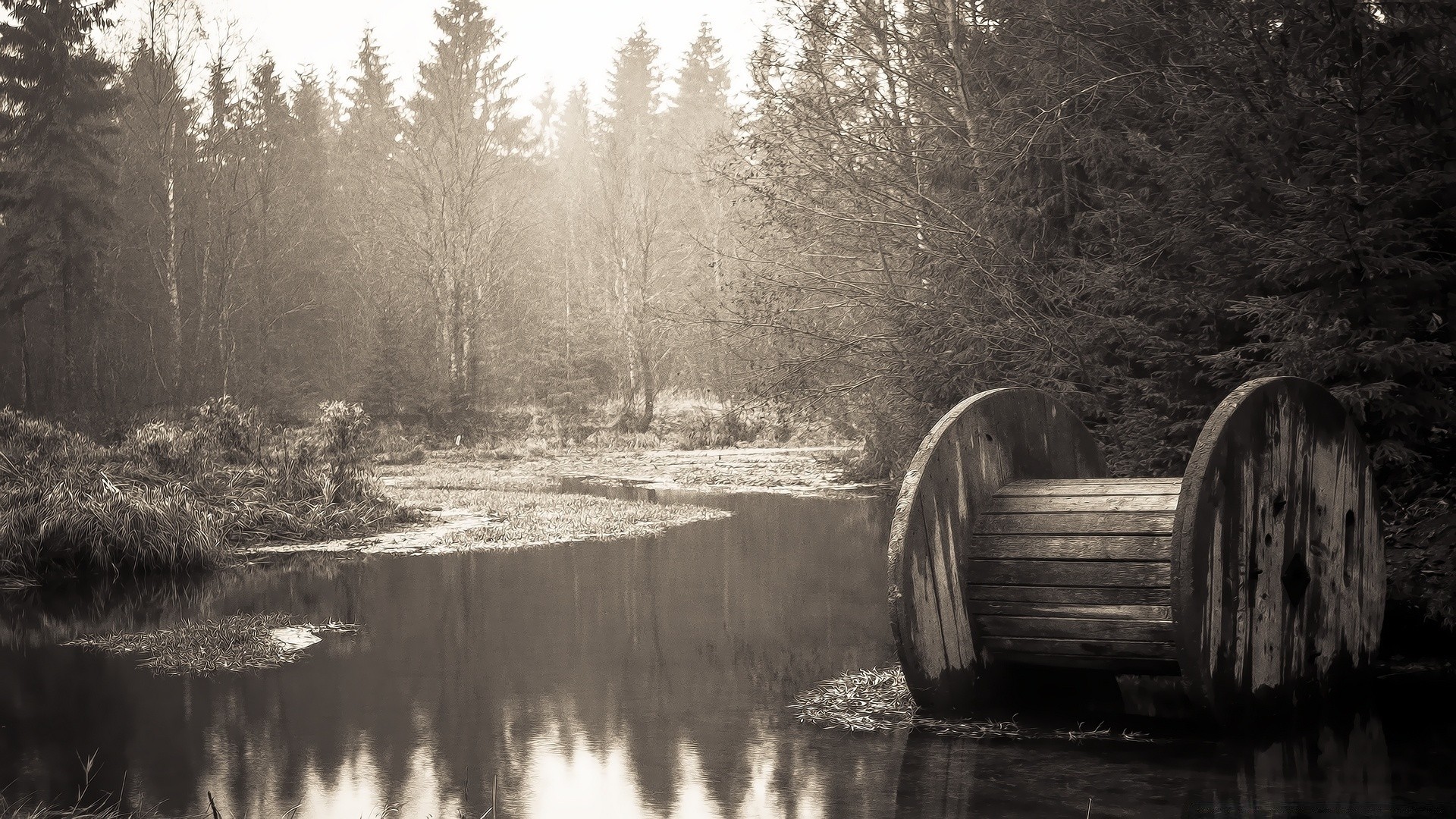 vintage river water wood lake reflection landscape tree winter nature monochrome outdoors fall