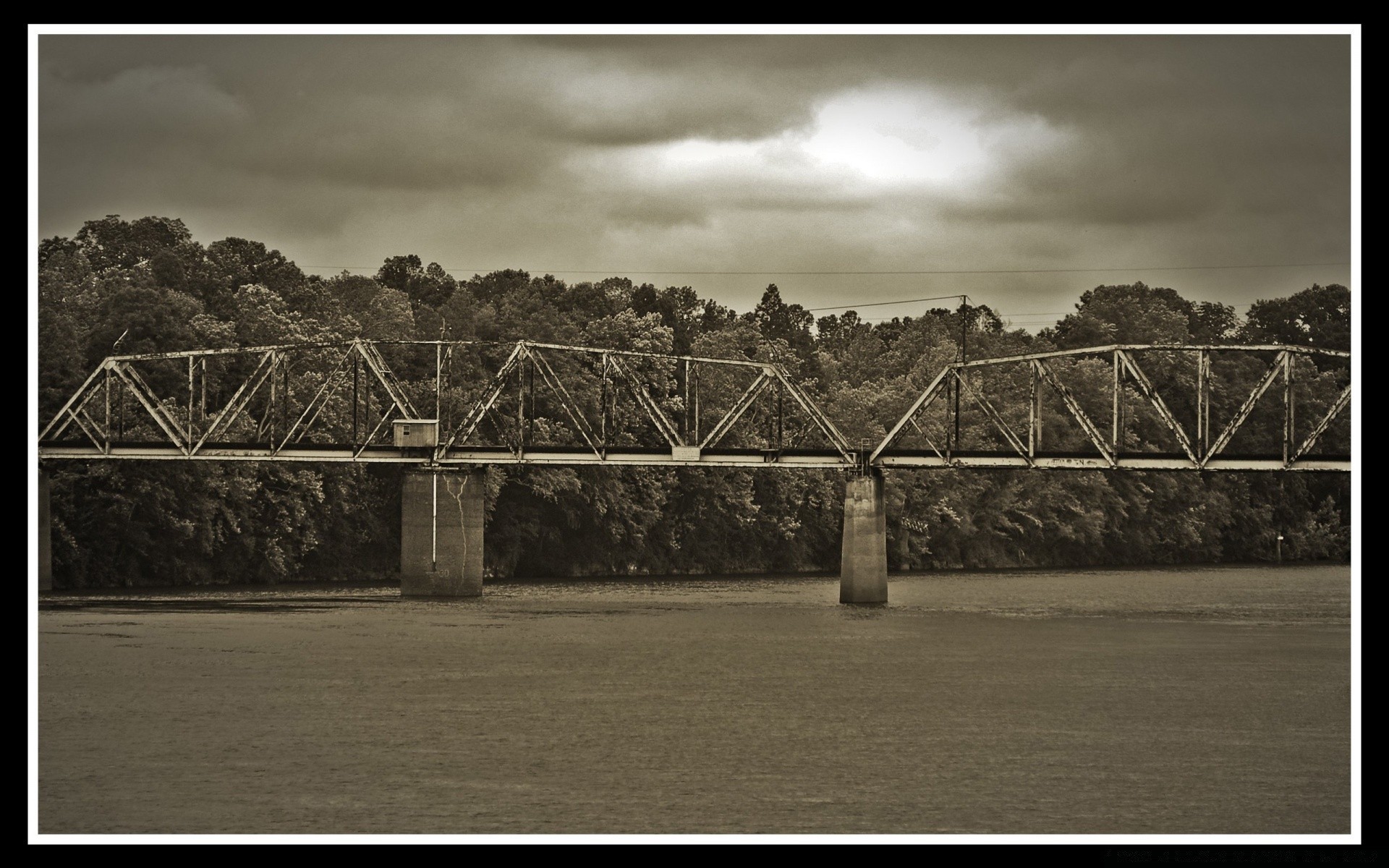 vintage monochrome bridge black and white street sepia river landscape water old dark sky art transportation system gate mono train wood