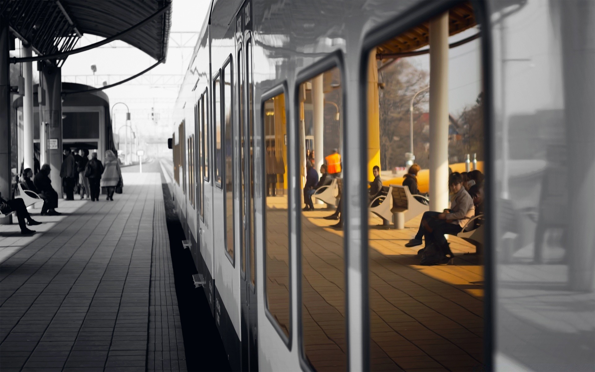 black and white street train city railway transportation system travel vehicle tube business road adult tramway