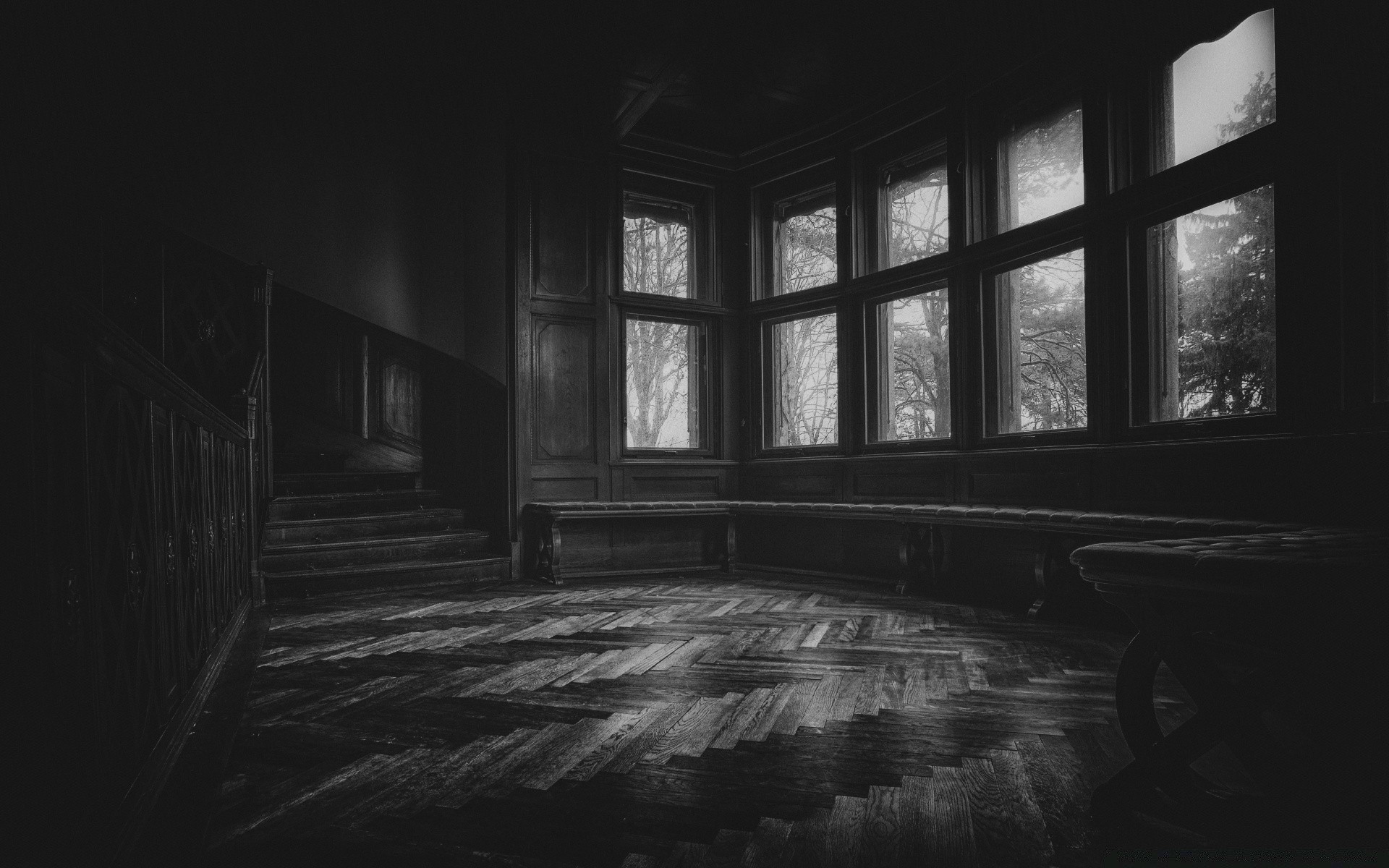 black and white light window architecture indoors abandoned eerie house monochrome wood home dark room travel shadow