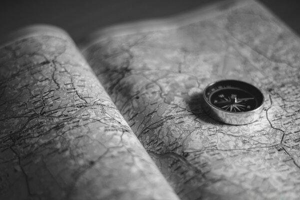 Compass on the map close-up