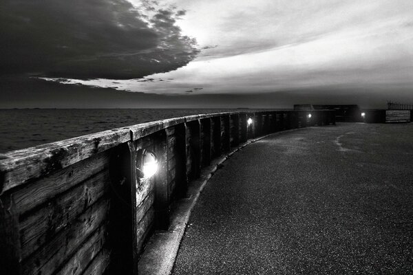 Monochrome photograph of the landscape by the sea