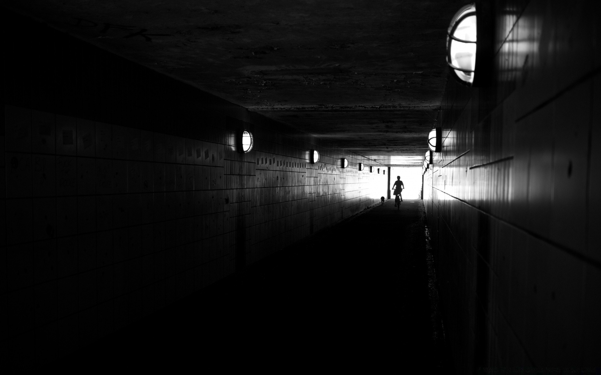 black monochrome tube dark light city shadow silhouette tunnel black and white architecture street reflection urban bridge indoors man