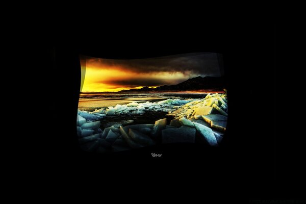 Landscape on a black background. Sunset in the Arctic