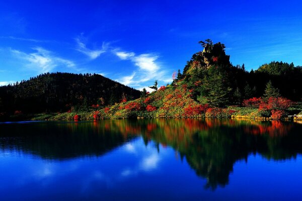 Lago no meio das montanhas; ao ar livre flui o reflexo do passado dos tempos