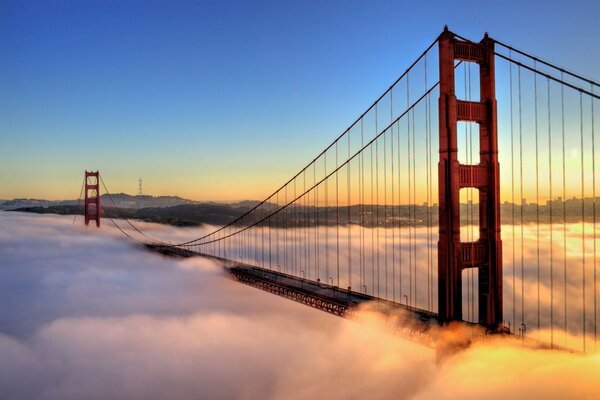 Suspension bridge at sunset and fog