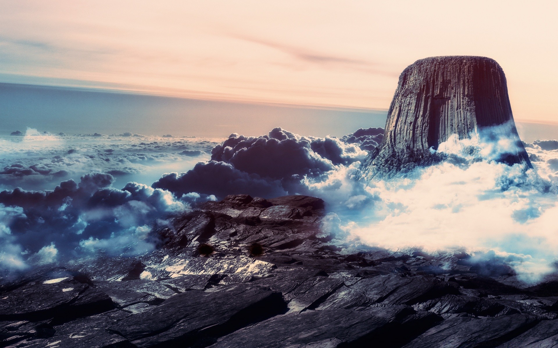 créatif coucher de soleil paysage eau ciel océan voyage mer aube soir mer nature montagne à l extérieur tempête plage nuage volcan crépuscule rock