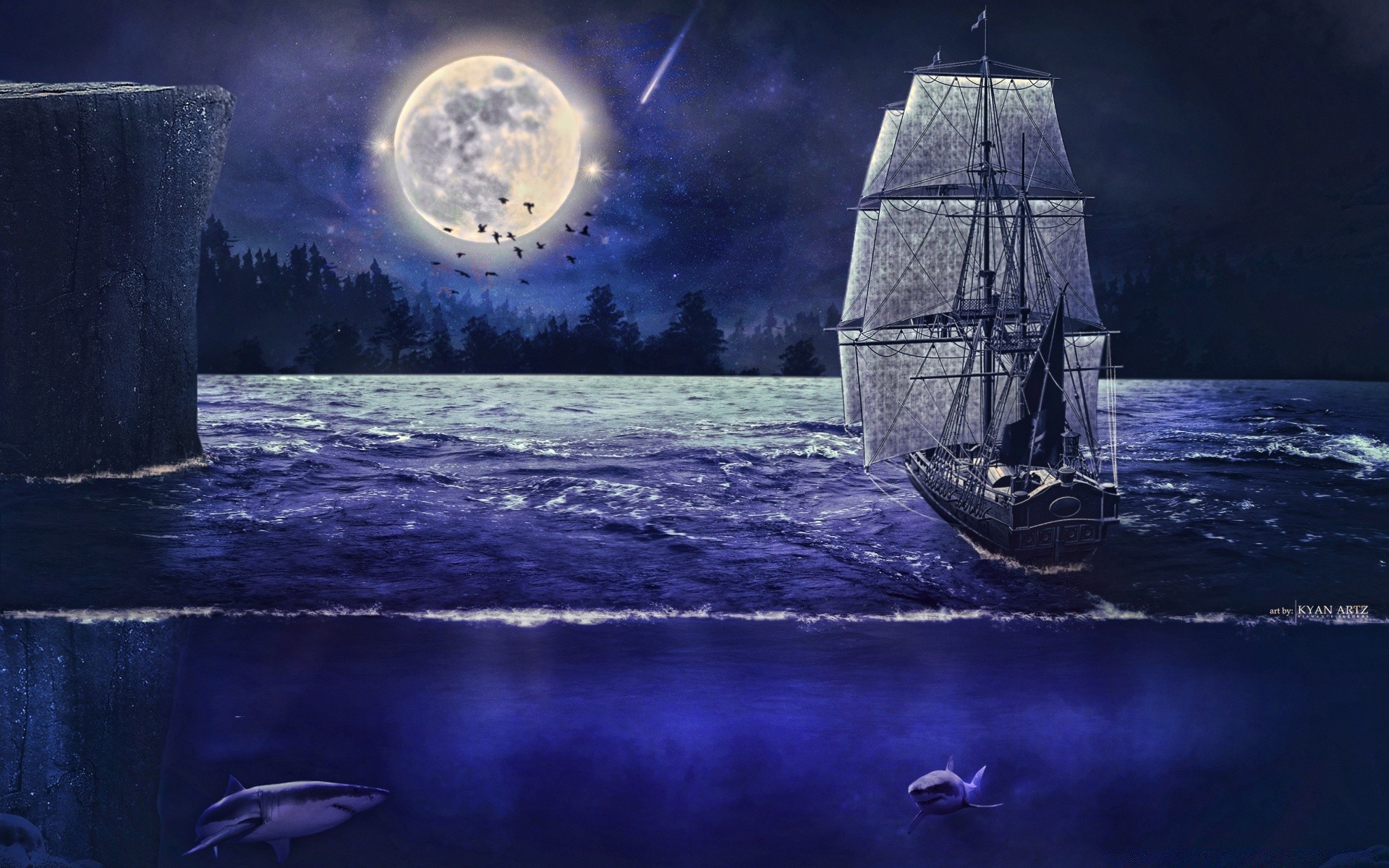 creative water ocean watercraft light dark sea sky evening ship travel dawn moon