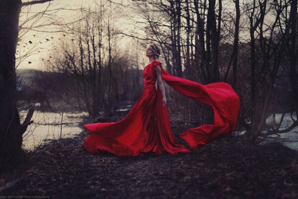 Menina em um vestido vermelho no fundo da floresta no final do outono