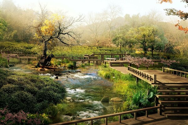 Japanese garden after cherry blossom