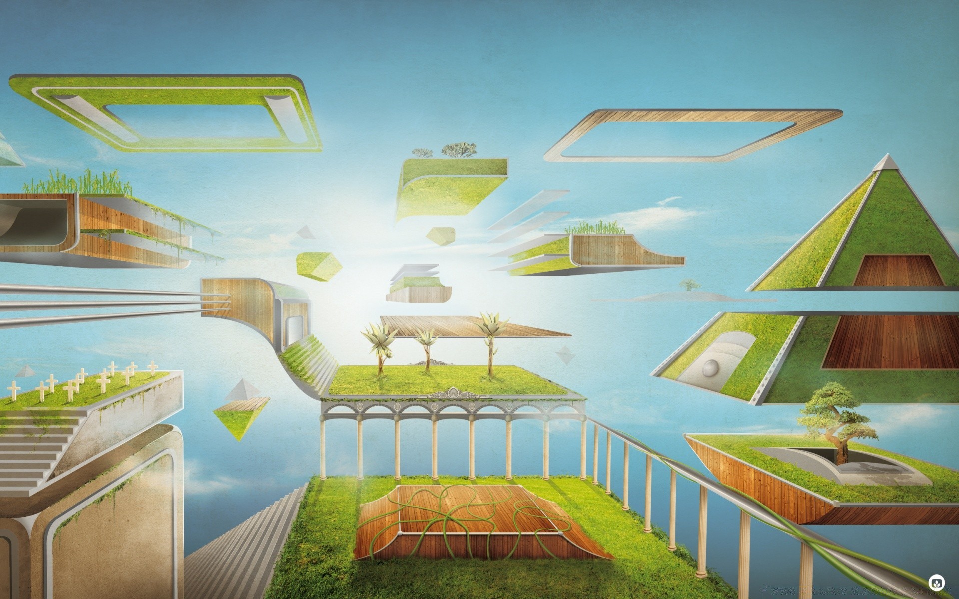 creative architecture grass travel house sky illustration tree building landscape city outdoors contemporary nature water guidance furniture rural urban road