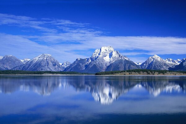 Reflection of mountains and plains on the water surface