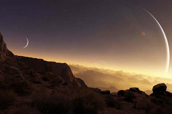 Mountain landscape on sunset background