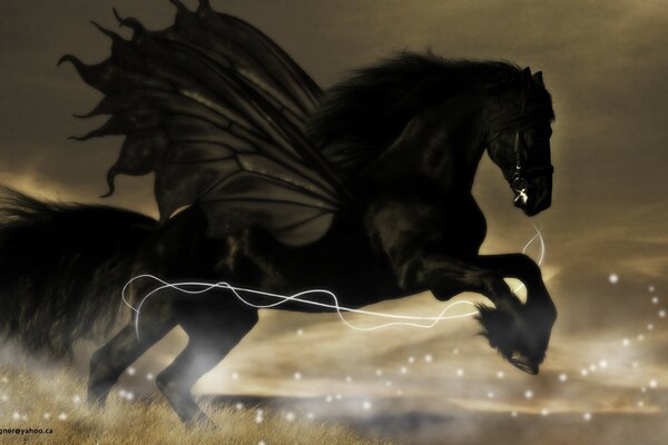 Black horse with lightning bolts and dust