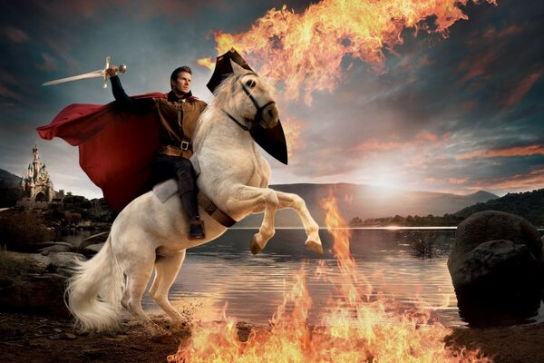 Knight on a white horse on fire on the background of the castle