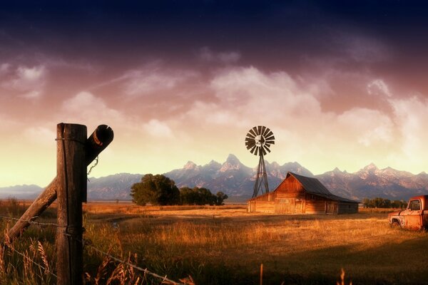 Paisaje del pueblo americano al atardecer