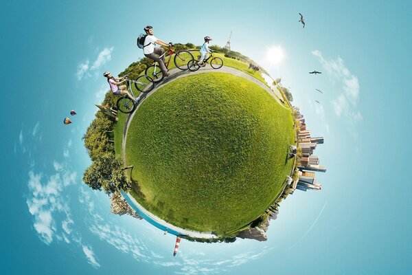 Terre ronde dans le ciel avec des gens et des bâtiments