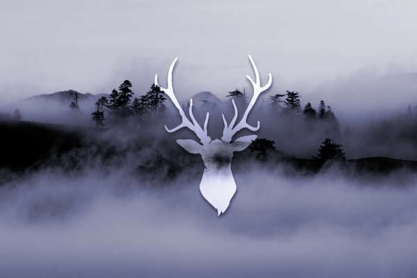 Making a deer on the background of a forest in the fog