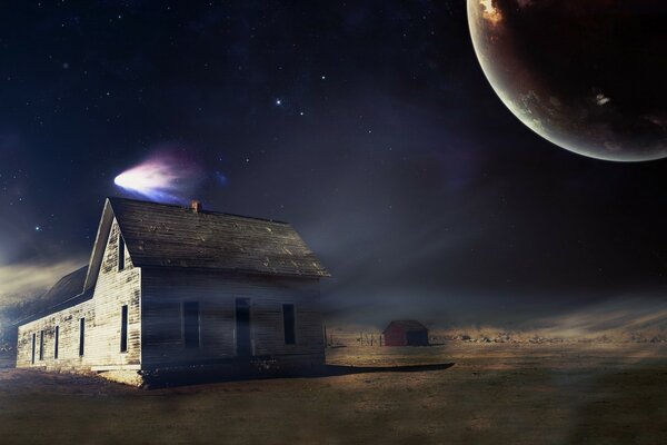 A lonely house on the background of a comet and a planet