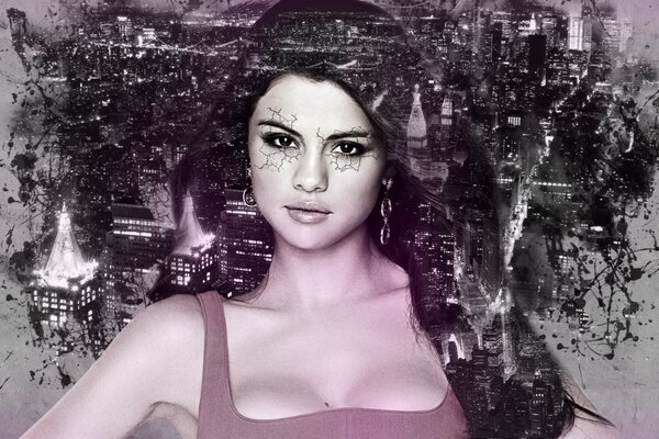 Selena Gomez on the background of the city