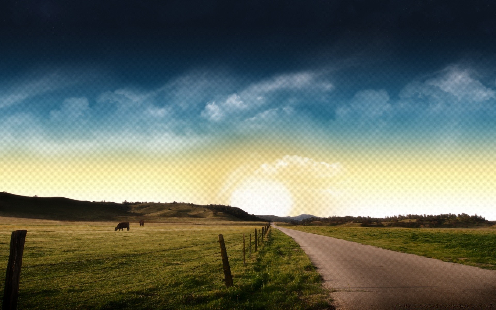 creativo paisaje cielo puesta de sol hierba amanecer tormenta campo naturaleza al aire libre lluvia sol niebla carretera rural noche granja árbol campo viajes