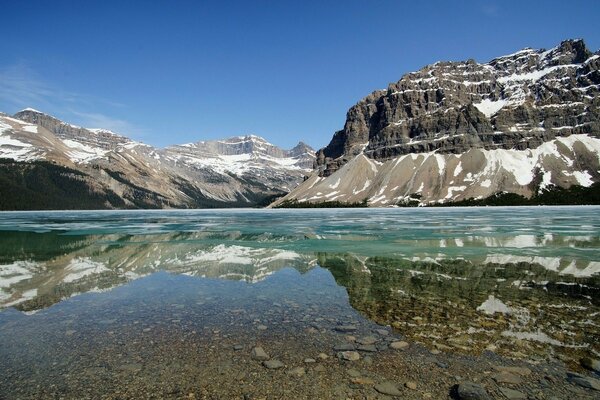 Beautiful reflection of the mountains in a crystal clear lake